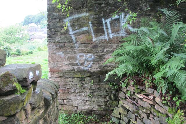 Der oder die Täter sprühten am Durchgang zum Hügelchen  weiter Zeichen und die Großbuchstaben FUCK an die Mauer.