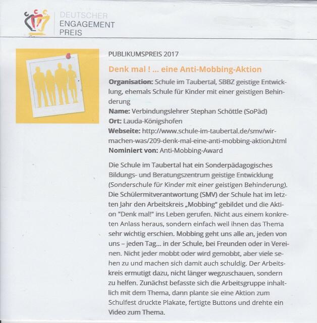 Internationaler Friedenstag 2017: "Denk mal!...eine Anti-Mobbing-Aktion" der Schule im Taubertal - nominiert von ANTI-MOBBING-AWARD für den DEUTSCHEN ENGAGEMENTPREIS 2017 | Foto: Deutscher Engagementpeis 2017