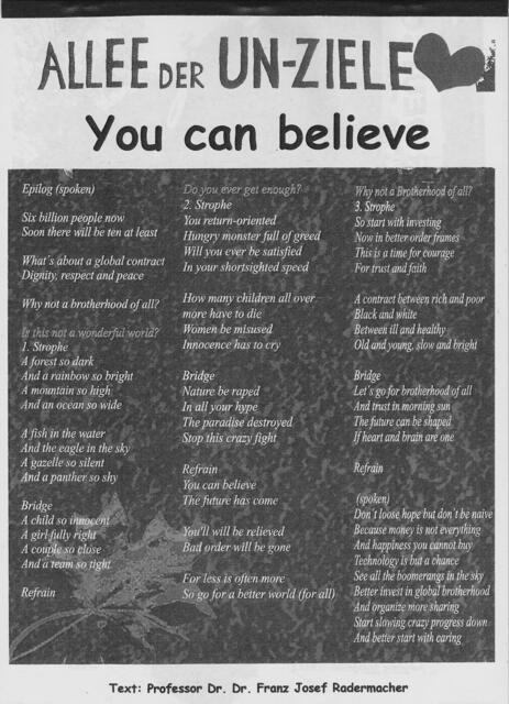 Bremen, Internationaler Friedenstag 2017: YOU CAN BELIEVE - Text: Professor Dr. Dr. Franz Josef Radermacher