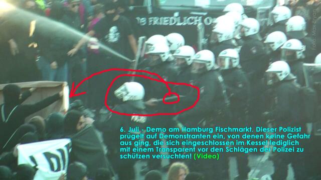 Knüppel gegen Leute, die sich lediglich zu schützen versuchen. Ein Beamter zog den wie im Rausch knüpplenden Kollegen nachher noch zurück .. (Video demnächst)