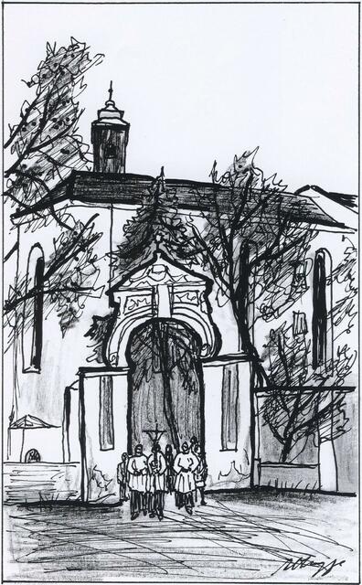 Portal zum Klosterhof, Dominikanerkirche und Prozessionsgruppe