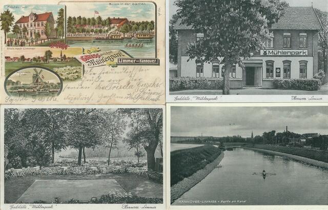 Gaststätte "Mühlenpark", nicht weit vom Etablissement "Schwanenburg" entfernt.Das Bildchen links oben ist eine Lithografie (Jahrhundertwende), rechts oben und unten, Aufnahmen um 1930.