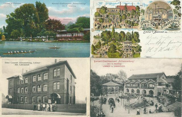 Collage der Gastwirtschaft "Schwanenburg". Im 1. Weltkrieg als Lazarett eingerichtet (links unten).