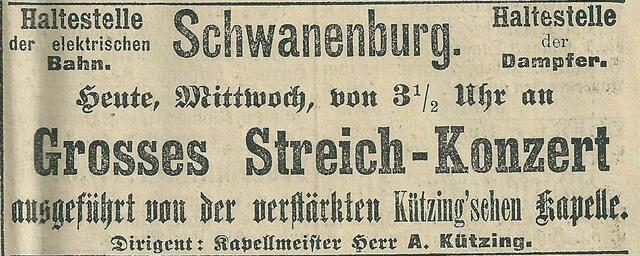 Anzeige aus: Hannoverscher Anzeiger, 1895. Der Dampfer fuhr "Ihmebrücke-Schwanenburg", legte auch am "Mühlenpark" an.