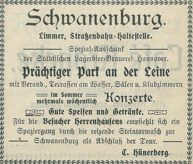 Auf geht's zur "Schwanenburg" empfiehlt der "Führer durch Hannover", 1896.