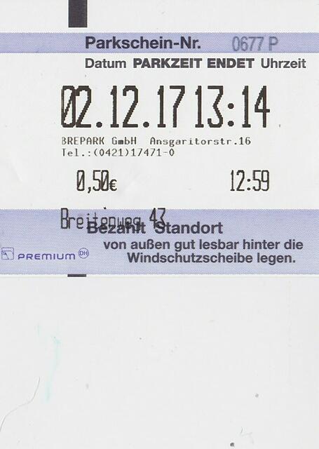 2. Dezember 2017: Parkschein für einen Platz nahe dem Platz der Deutschen Einheit in Bremen