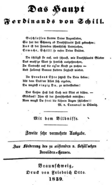 Schrift zur Förderung der Stiftung v. Schillsches Invalidenhaus | Foto: gemeinfrei, aus dem Buch: Das Haupt Ferdinands von Schill