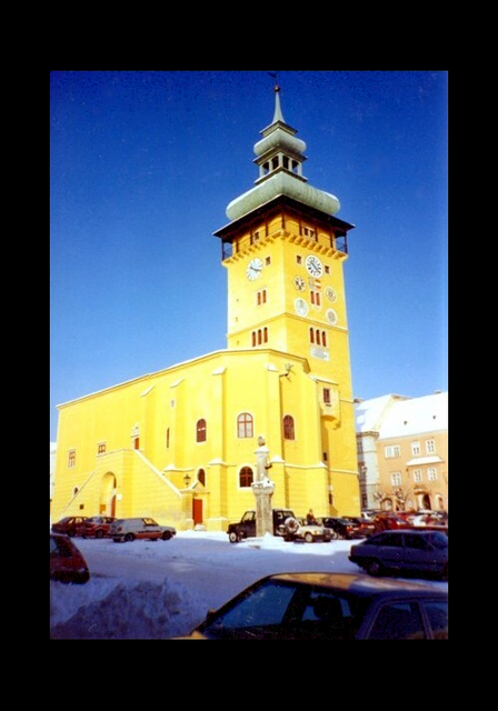 Das Rathaus in einer Gesamtansicht von Süden her. In dem schlossartigen, zweiseitigen Treppenaufgang befindet sich der Eingang zur Rathauskapelle. Ziemlich genau in der Mitte des Bildes ist der Pranger mit dem Metallarm zu erkennen. Das braune Haus im Hintergrund ist das Café "Willi". Links davon, fast zur Gänze vom Rathaus verdeckt, befindet sich das Stadtamts-Gebäude.