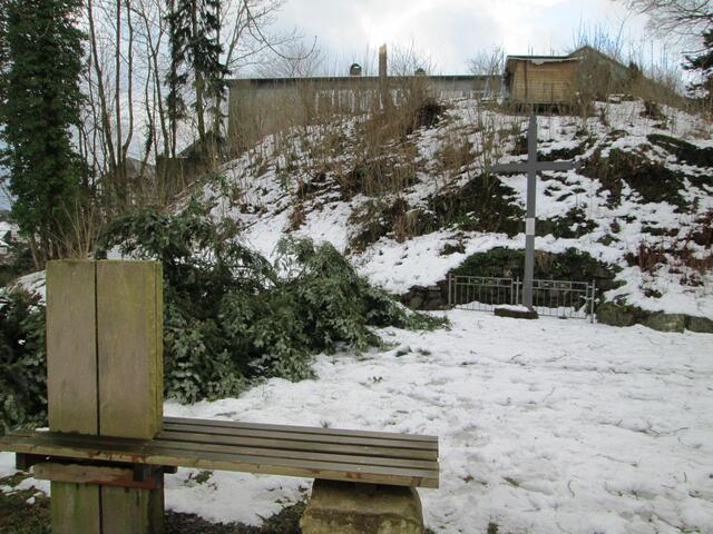 Und hier kam der Baum her. Im oberen Drittel ist das Pfarrhaus von seiner Rückseite zu erkennen und davor der stehengebliebene Baumstumpf mit der Bruchstelle.