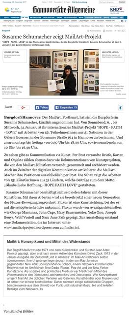 Presse Hannoversche Allgemeine. Susanne Schumacher zeigt internationales MailArt-Projekt HOPE -FAITH - LOVE