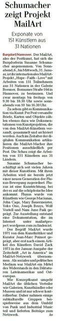 HAZ Anzeiger f. Bu. / Susanne Schumacher zeigt internationales MailArt-Projekt HOPE -FAITH - LOVE