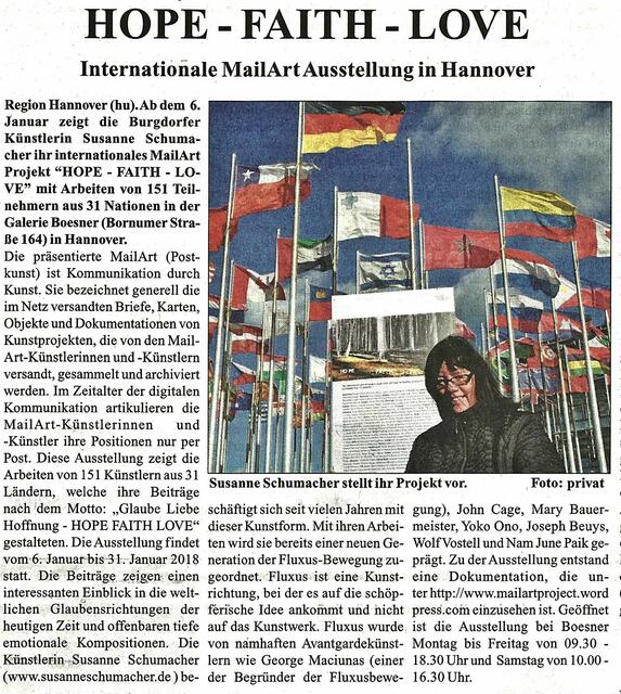 Presseartikel NEUE WOCHE. Susanne Schumacher zeigt internationales MailArt-Projekt HOPE -FAITH - LOVE