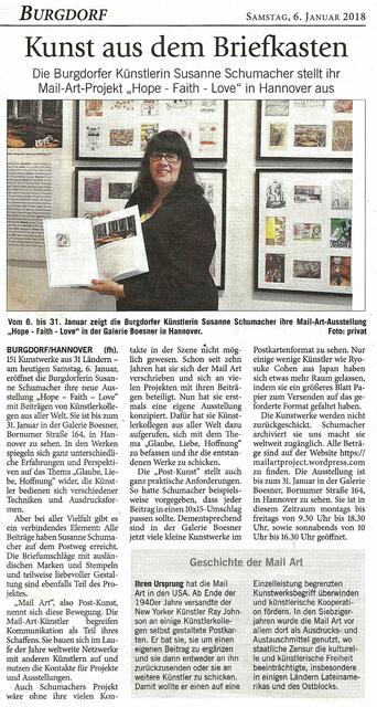 Presse Marktspiegel. Susanne Schumacher zeigt internationales MailArt-Projekt HOPE -FAITH - LOVE