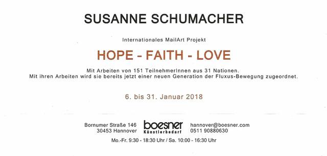 Einladungskarte. Susanne Schumacher zeigt internationales MailArt-Projekt HOPE -FAITH - LOVE