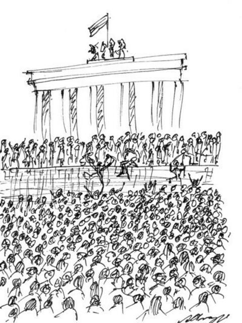 Fall der Berliner Mauer am 9. November 1989. Zeichnung von Maxi Herta Altrogge.