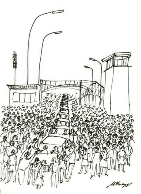 Fall der Berliner Mauer am 9. November 1989. Zeichnung von Maxi Herta Altrogge.