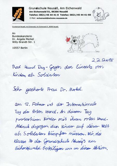 Brief der Klasse 3b an die Bundeskanzlerin