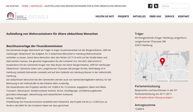 Das Hamburger Spendenparlament förderte unsere Bürgerinitiative "Hilfe für Hamburger Obdachlose" mit insgesamt 12.000 EUR