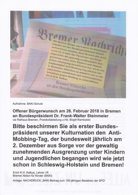 Seite 1 meiner "Wunschvorlage" für Bundespräsident Dr. Frank-Walter Steinmeier" in Bremen am 27. und 28. Februar 2018