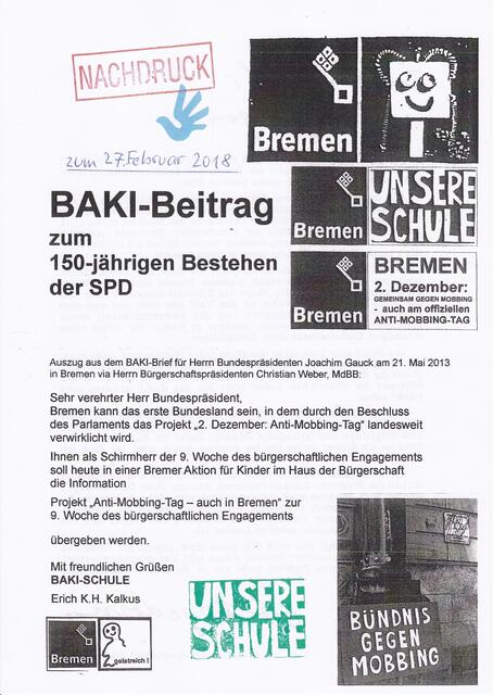 Seite 5 meiner "Wunschvorlage" für Bundespräsident Dr. Frank-Walter Steinmeier in Bremen am 27. und 28. Februar 2018: Titelseite der anliegenden Dokumentation "BAKI-Beitrag zum 150-jährigen Bestehen der SPD"