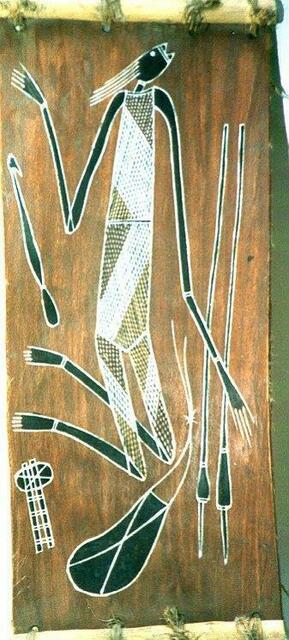 Aborigines. Rindenmalerei: Häuptling im Grab bestattet mit  seinen Waffen