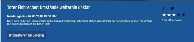Screenshot NDR und bisherigen Bewertung beim NDR