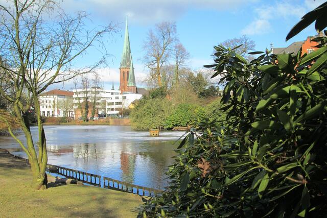 Magnolienknospen im Schlosspark. Blick zur Lambertikirche.
