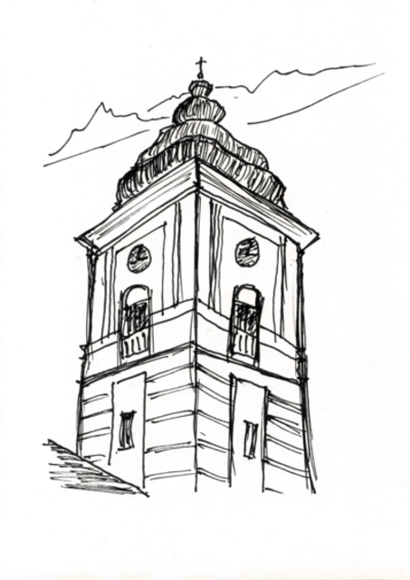 Der Turm der Retzer Stadtpfarrkirche. Zeichnung von Maxi Herta Altrogge.