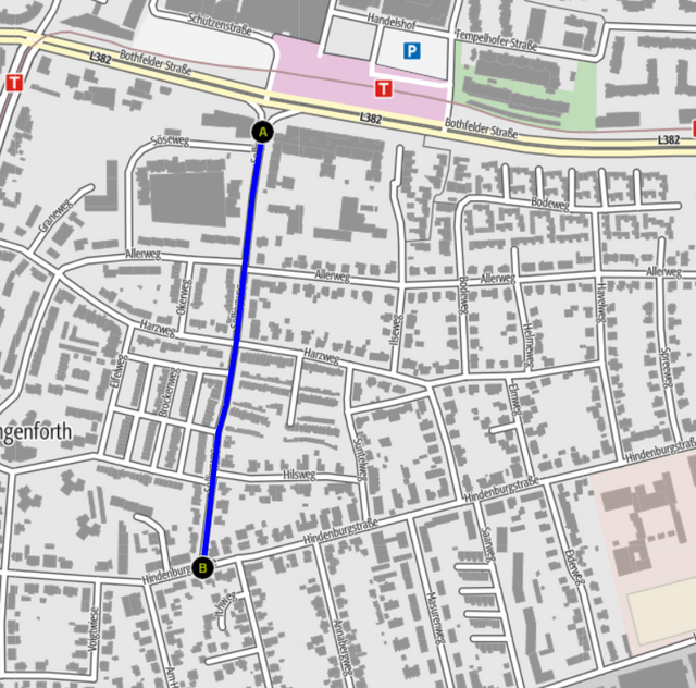 Bild 6: 0,6 km. Vorschlag für eine Fahrrad-Straße "Sollingweg". Konrad-Adenauer-Straße bis Hindenburgstraße: Enge Nord-Süd-Verbindung, viel auch von Kfz befahren, Schulweg, führt zu weiteren Schulwegen.