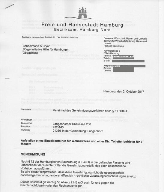 Erteilte Baugenehmigung für unsere Bürgerinitiative vom Bauamt Nord - Dort bei der evangelischen Kirche steht nun ebenfalls bis 30.4.2018 ein weiterer Wohncontainer unserer Initiative  diesmal auch mit Sanitär-Container - anders als bei Ansgar - wo es an Wasserzu- und Abflussmöglichkeiten mangelt.