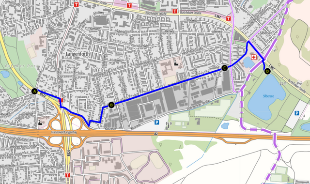 Bild 3: 2,2 km. Vorschlag für eine Fahrrad-Straße "In den Kolkwiesen". Brinkholt bis Silbersee: Ungerade Wegführung, bisher wenig benutzt, wenig Ziele an der Straße, keine Ampel an Theodor-Heuss-Straße.