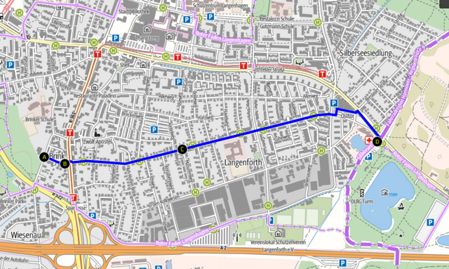 Bild 5: 2,8, km. Vorschlag für eine Fahrrad-Straße "Hindenburgstraße". Brinkholt bis Silbersee: Anschlussmöglichkeit an die vorhandene Fahrradstraße, direkt vorbei an Grundschule und Kindergarten, Einzugsgebiet mit vielen Schulkindern.