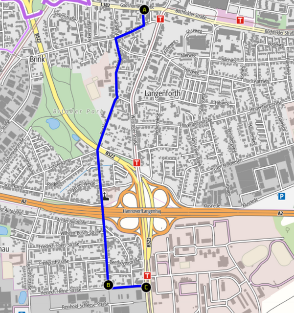 Bild 2: 2,1 km. Vorschlag für eine Fahrrad-Straße "Vosskamp / Kastanienallee / Angerstraße / Brinkholt / Sonnenweg / Heinrich-Heine-Straße". Godshorner Straße bis Vahrenwalder Straße. Weiterführung der vorhandenen Fahrradstraße, Schulweg, Rad-Weiterfahrt nach Hannover.