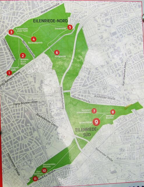 In der Bildmitte, an der Kreuzung Messeschnellweg/Pferdeturm, treffen die nördliche und die südliche Eilenriede zusammen. Im Südwesten (11) reicht sie bis an das nächste Naherholungsgebiet, den Maschsee. Im Osten an Lönspark und Tiergarten, dem ältesten Waldgehege Deutschlands. Sechseinhalb Quadratkilometer ist die Eilenriede groß.