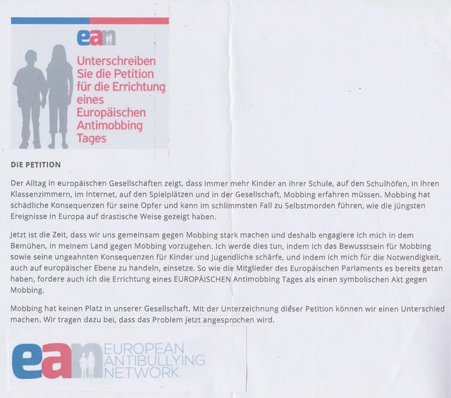 ean-Petition "Europäischer Anti-Mobbing-Tag" | Foto: EUROPEAN ANTIBULLYING NETWORK