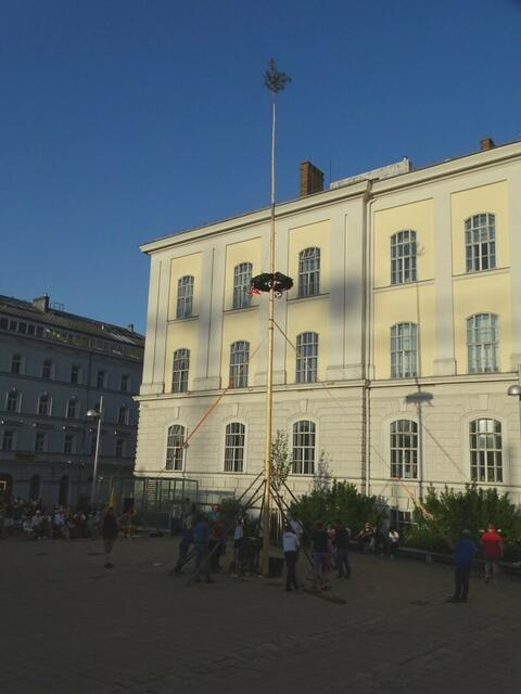 1. Mai 2018 in Wien: Maibaumaufstellen auf dem Platz vor der U-Bahn-Station Ottakring der Linie U3.