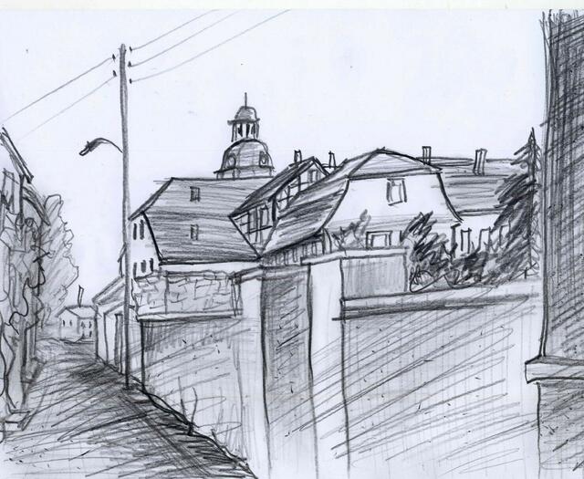 Graphit-Zeichnungen im Format A4 (30 cm x 21 cm sowie 21 x 30 cm) von 
Maxi Herta Altrogge: Enge Gasse, Kölleda.