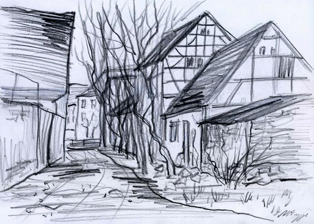 Graphit-Zeichnungen im Format A4 (30 cm x 21 cm sowie 21 x 30 cm) von 
Maxi Herta Altrogge: Alte Scheunen bei der Hundtgasse, Kölleda.