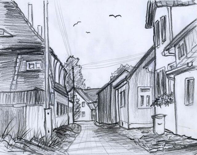 Graphit-Zeichnungen im Format A4 (30 cm x 21 cm sowie 21 x 30 cm) von 
Maxi Herta Altrogge: Herrengasse, Kölleda.