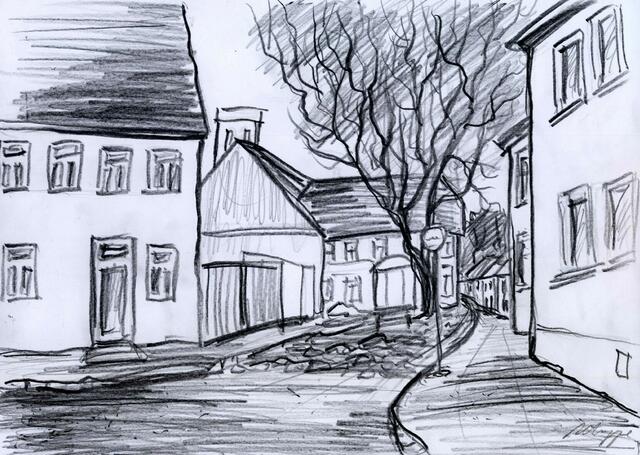 Graphit-Zeichnungen im Format A4 (30 cm x 21 cm sowie 21 x 30 cm) von 
Maxi Herta Altrogge: Mühlgasse II, Kölleda.