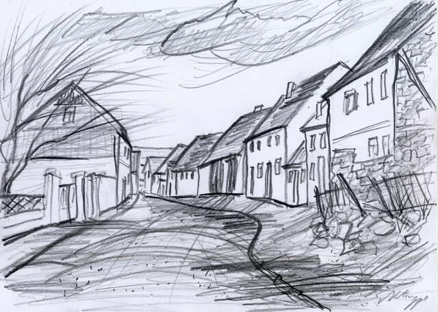 Graphit-Zeichnungen im Format A4 (30 cm x 21 cm sowie 21 x 30 cm) von 
Maxi Herta Altrogge: Hundtgasse I, Kölleda.