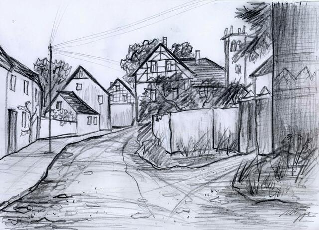 Graphit-Zeichnungen im Format A4 (30 cm x 21 cm sowie 21 x 30 cm) von 
Maxi Herta Altrogge: Mühlgasse III, Kölleda.