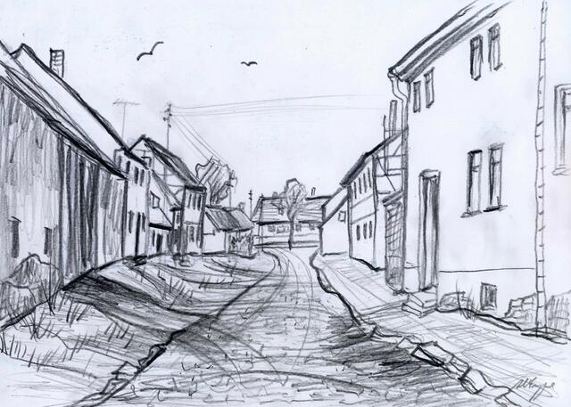 Graphit-Zeichnungen im Format A4 (30 cm x 21 cm sowie 21 x 30 cm) von 
Maxi Herta Altrogge: Hundtgasse II, Kölleda.