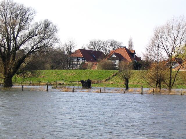 Immer mal wieder treten Leine-Hochwasser auf. Dann drückt die Leine das Wasser in den Ihmelauf hinauf. Hier bei Alt-Ricklingen hat die Ihme ihr Bett hinter dem Weidezaun bei den Bäumen. Der Deich schützt die Häuser.
