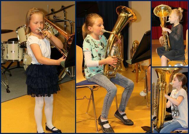 Die Frauenpower ist auch bei den tiefen Blechbläsern im Vormarsch. Die jüngsten Schüler der Klasse von Sandor Szöke sind Magdalena Musialek (Posaune), Sarah Bohmann (Euphonium), Leni Popp (Euphonium) und Sabina Buchwald (Tuba).