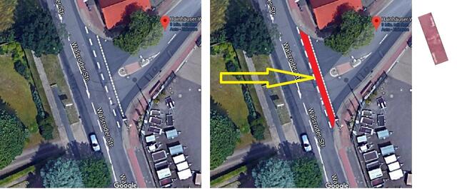 DA - wo der gelbe Pfeil ist, soll die Furt rot eingefärbt werden, mit zusätzlichen weißen Fahrradsymbolen und gegenläufigen weißen Pfeilen. Die entspricht dem Absatz 3.5 der ERA.