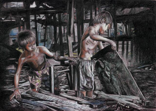 2819  P 4142  Charcoalboys from Manila, Ulingan Tondo, Carbon and color pencil, Gersthofen und Augsburg, 13.9.2017