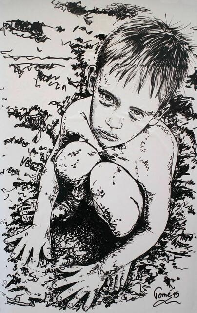1505  P 2189  Armer Junge, Lackstift auf weißer Klebefolie, 40 X 60 cm, Augsburg, 1.7.2015