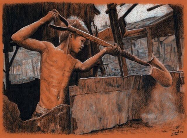1424  P 2060  John Paul, working boy, Kohle und Farbstift, Neusäß, 22.7.2014