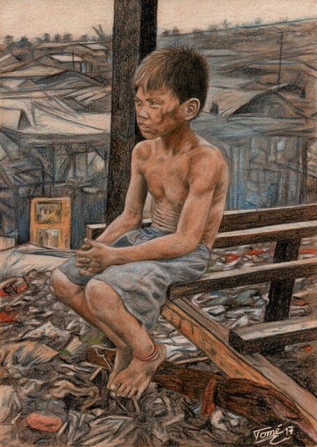 2794  P 4115  Charcoalboy  from Manila, Ulingan Tondo, Color pencil, 21 X 29,7 cm, Glis, 27.8. und Augsburg, 1.9.2017